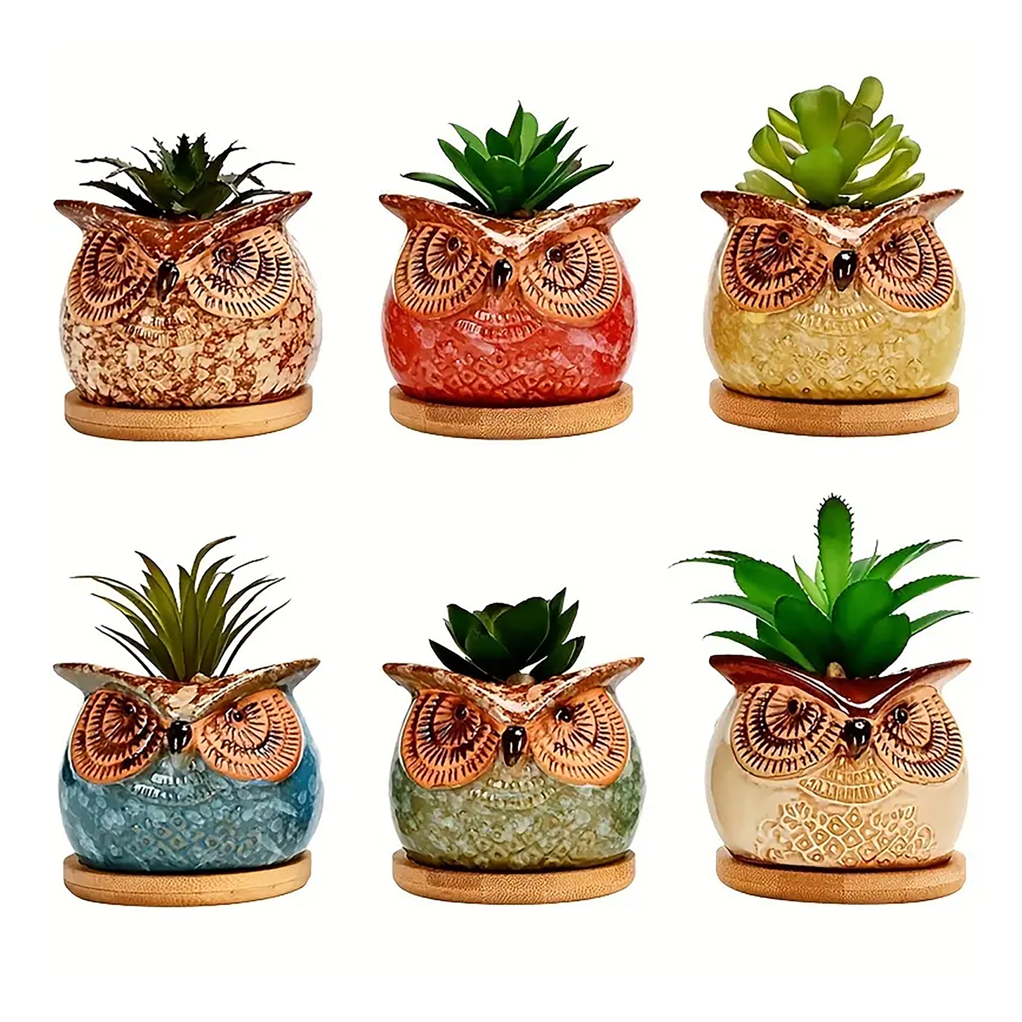 Set 6 Pezzi Vasi In Ceramica Fiori Piante Grasse Gufi Con Sotto Vaso In Bambù Foro Centrale Cactus Decorazione Interno Esterno Casa Vasetto Con Foro Scarico Fioriera Contenitore - 3Civette