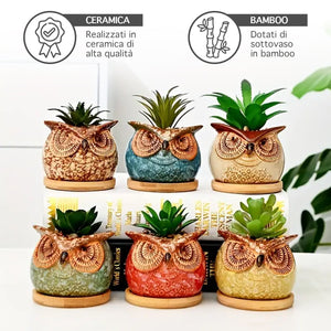 Set 6 Pezzi Vasi In Ceramica Fiori Piante Grasse Gufi Con Sotto Vaso In Bambù Foro Centrale Cactus Decorazione Interno Esterno Casa Vasetto Con Foro Scarico Fioriera Contenitore - 3Civette