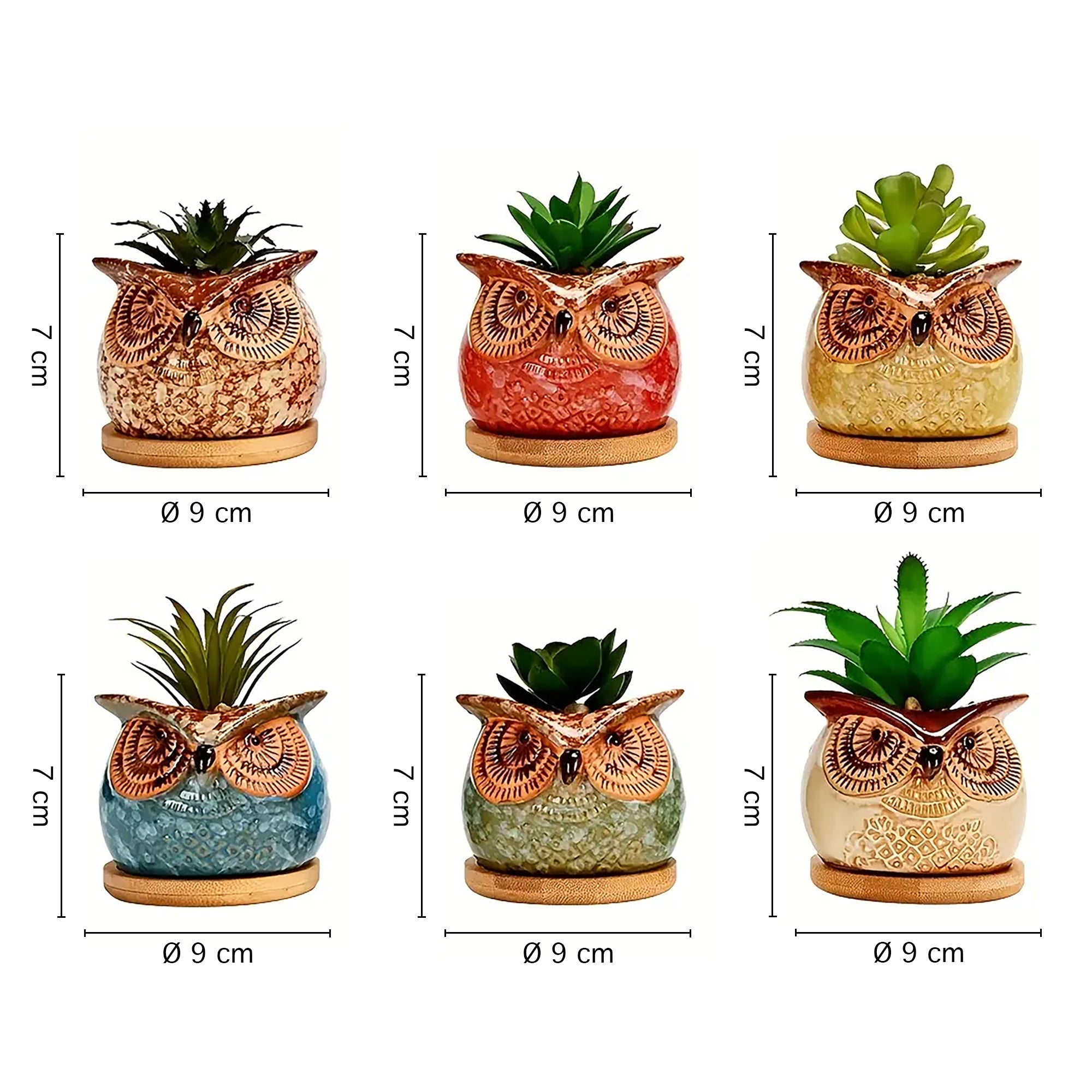 Set 6 Pezzi Vasi In Ceramica Fiori Piante Grasse Gufi Con Sotto Vaso In Bambù Foro Centrale Cactus Decorazione Interno Esterno Casa Vasetto Con Foro Scarico Fioriera Contenitore - 3Civette