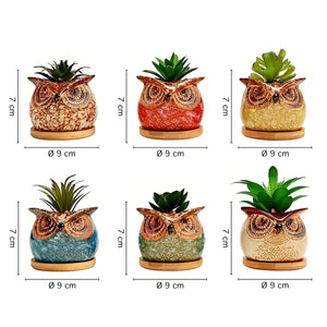 Set 6 Pezzi Vasi In Ceramica Fiori Piante Grasse Gufi Con Sotto Vaso In Bambù Foro Centrale Cactus Decorazione Interno Esterno Casa Vasetto Con Foro Scarico Fioriera Contenitore - 3Civette