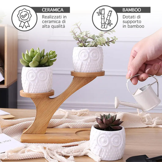 Set 6 Pezzi Vasi In Ceramica Fiori Piante Grasse Gufi Con Sotto Vaso In Bambù Foro Centrale Cactus Decorazione Interno Esterno Casa Vasetto Con Foro Scarico Fioriera Contenitore - 4AlberelloGufi