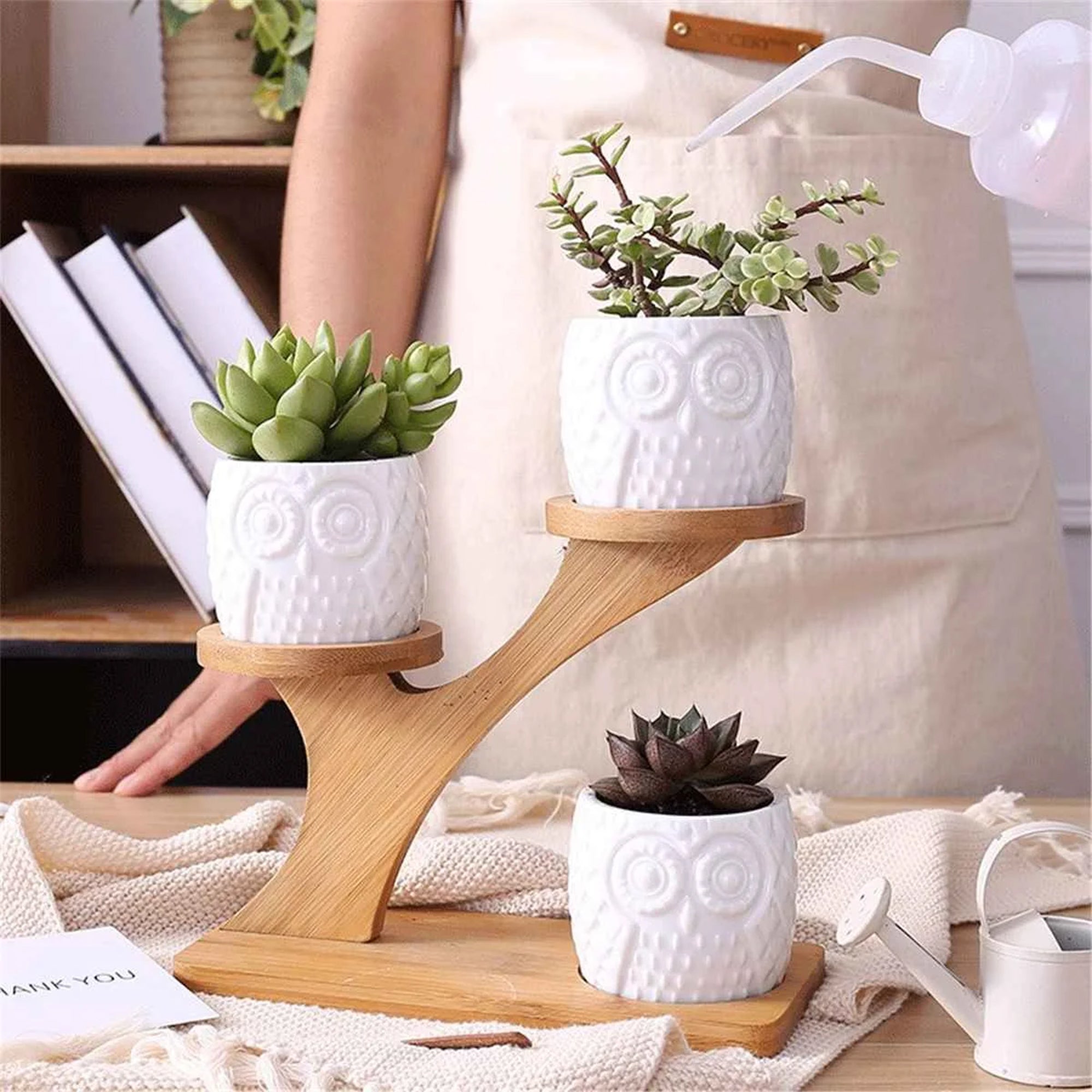 Set 6 Pezzi Vasi In Ceramica Fiori Piante Grasse Gufi Con Sotto Vaso In Bambù Foro Centrale Cactus Decorazione Interno Esterno Casa Vasetto Con Foro Scarico Fioriera Contenitore - 4AlberelloGufi