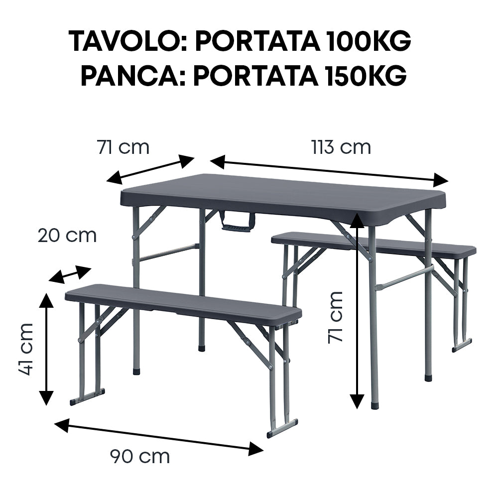 Set 3 Pezzi Tavoloe 2 Panche Pieghevoli Set Birreria Interno Esterno Per Feste Sagre Giardino Campeggio Struttura Acciaio Impermeabile Uv Resistente Tavolino E Panchine  - Antracite