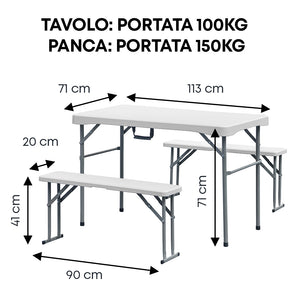 Set 3 Pezzi Tavoloe 2 Panche Pieghevoli Set Birreria Interno Esterno Per Feste Sagre Giardino Campeggio Struttura Acciaio Impermeabile Uv Resistente Tavolino E Panchine  - Bianco