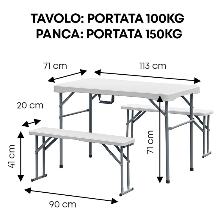 Set 3 Pezzi Tavoloe 2 Panche Pieghevoli Set Birreria Interno Esterno Per Feste Sagre Giardino Campeggio Struttura Acciaio Impermeabile Uv Resistente Tavolino E Panchine  - Bianco