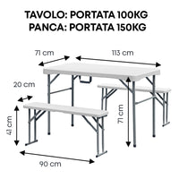 Set Small 3 Pezzi Tavolo e 2 Panche Pieghevoli Per Feste Sagre Giardino Campeggio Struttura Acciaio Impermeabile Uv Resistente Set Birreria Interno Esterno  - Bianco