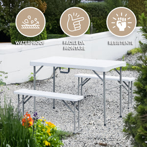 Set 3 Pezzi Tavoloe 2 Panche Pieghevoli Set Birreria Interno Esterno Per Feste Sagre Giardino Campeggio Struttura Acciaio Impermeabile Uv Resistente Tavolino E Panchine  - Bianco