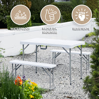 Set Small 3 Pezzi Tavolo e 2 Panche Pieghevoli Per Feste Sagre Giardino Campeggio Struttura Acciaio Impermeabile Uv Resistente Set Birreria Interno Esterno  - Bianco