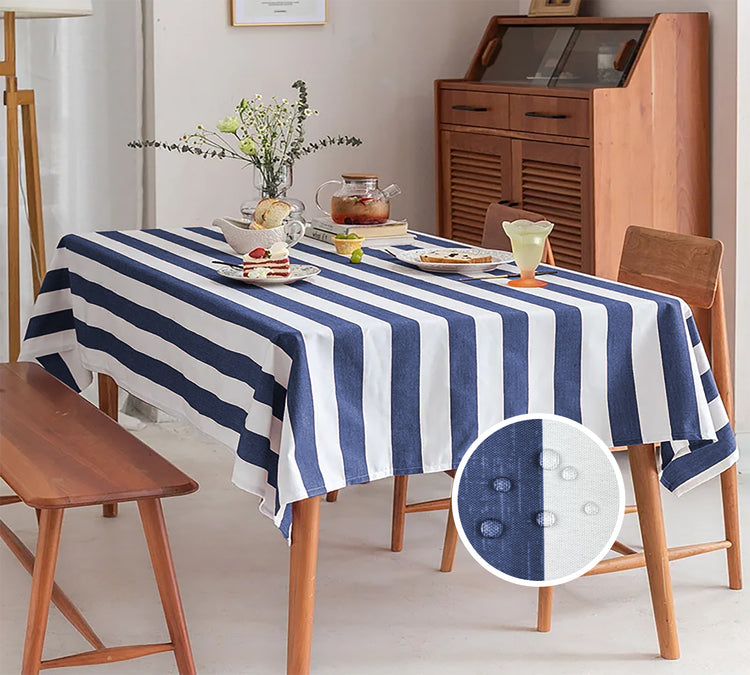 Tovaglia Antimacchia Idrorepellente Fantasia Rigata In Tutte Le Misure Antiscivolo Proteggi Tavolo Copritavolo A Righe Quadrata Rettangolare Cucina Salotto Interno Esterno - Riga Blu - 140x140Cm