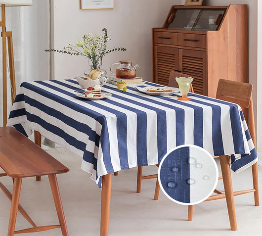 Tovaglia Antimacchia Idrorepellente Fantasia Rigata In Tutte Le Misure Antiscivolo Proteggi Tavolo Copritavolo A Righe Quadrata Rettangolare Cucina Salotto Interno Esterno - Riga Blu - 140x180Cm