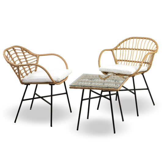 Salottino Da Esterno In Rattan Set Bistrot Poltrone E Tavolino Elegante Terrazzo Balcone Giardino Telaio In Acciaio Tavolo Salotto Con Piano In Vetro Con 2 Sedie Con Comodi Cuscini - Banten