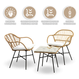 Salottino Da Esterno In Rattan Set Bistrot Poltrone E Tavolino Elegante Terrazzo Balcone Giardino Telaio In Acciaio Tavolo Salotto Con Piano In Vetro Con 2 Sedie Con Comodi Cuscini - Banten