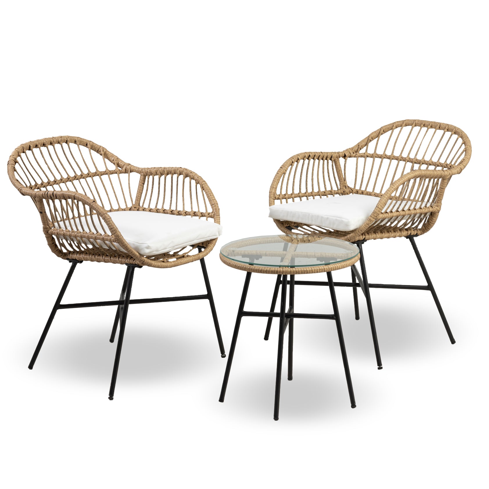 Salottino Da Esterno In Rattan Set Bistrot Poltrone E Tavolino Elegante Terrazzo Balcone Giardino Telaio In Acciaio Tavolo Salotto Con Piano In Vetro Con 2 Sedie Con Comodi Cuscini - Malang