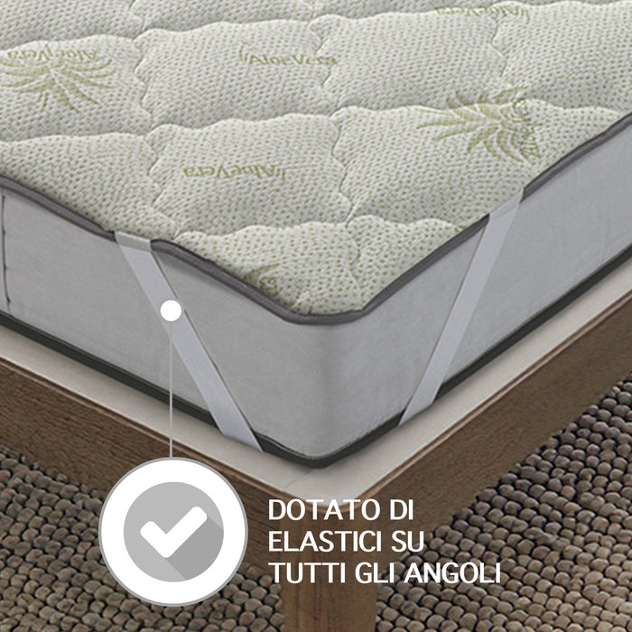 Topper Trapuntato Aloe Vera Prodotto Italiano Correttore Materasso Anallergico con Fasce Elastiche Salva Coprimaterasso Traspirante Protettivo - Bianco - Singolo90x200cm