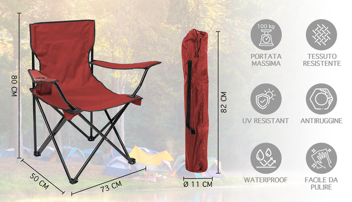 Sedia Camping Pieghevole Struttura In Acciaio Con Tasca PortaBevande Campeggio Sedie Portatile Pescatore SalvaSpazio - Rosso