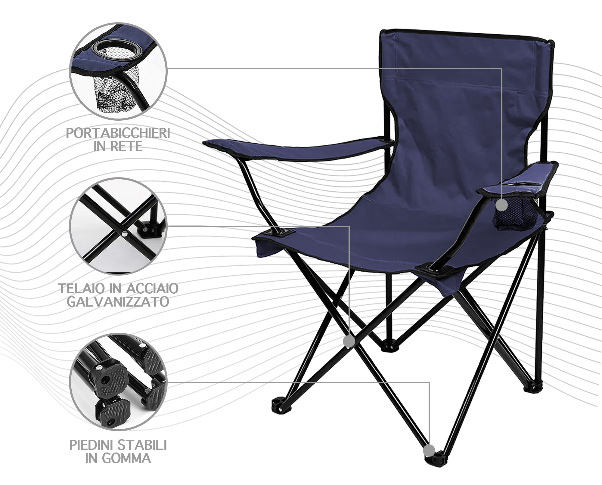 Sedia Camping Pieghevole Struttura In Acciaio Con Tasca PortaBevande Campeggio Sedie Portatile Pescatore SalvaSpazio  - Blu