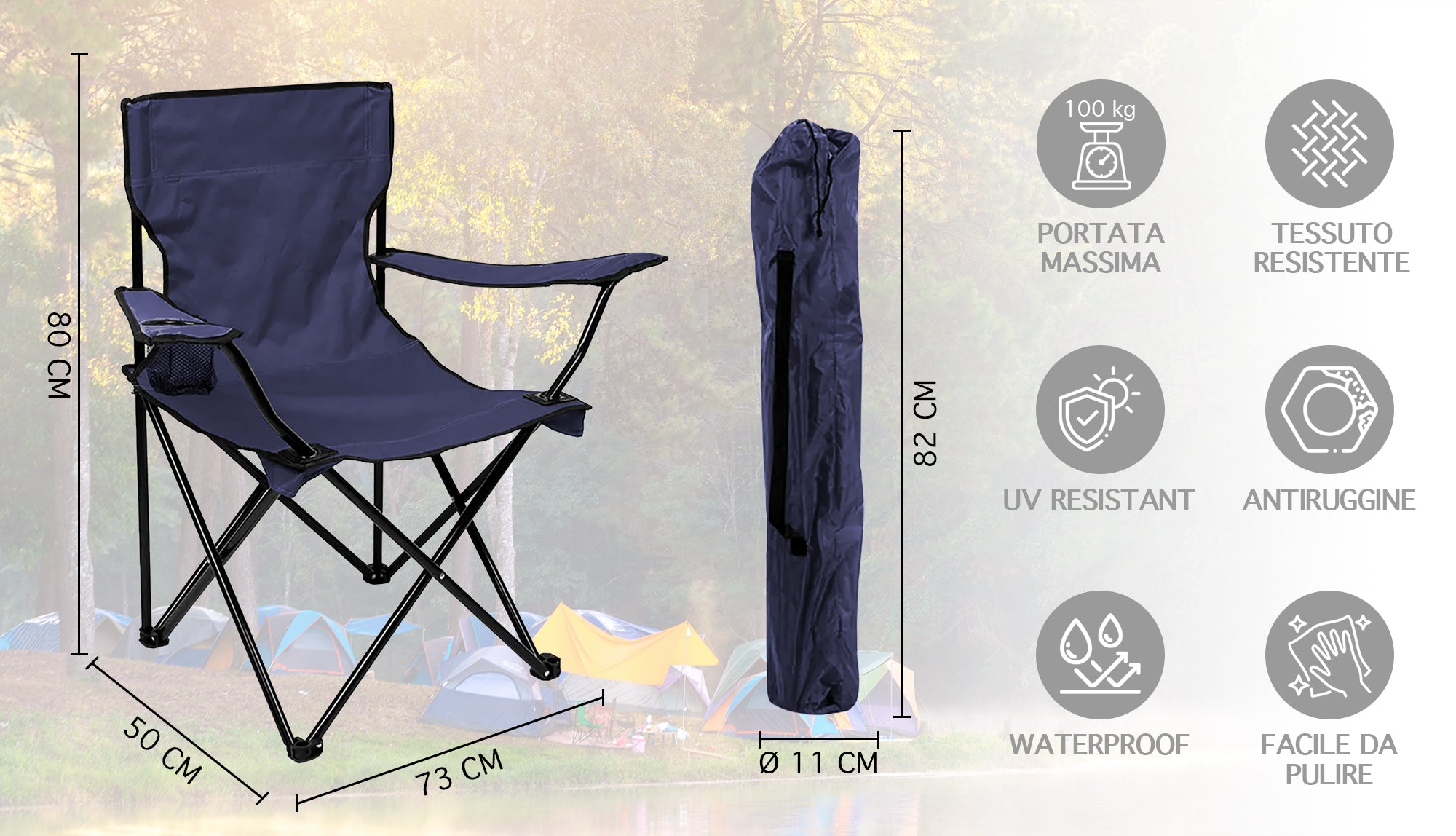 Sedia Camping Pieghevole Struttura In Acciaio Con Tasca PortaBevande Campeggio Sedie Portatile Pescatore SalvaSpazio  - Blu