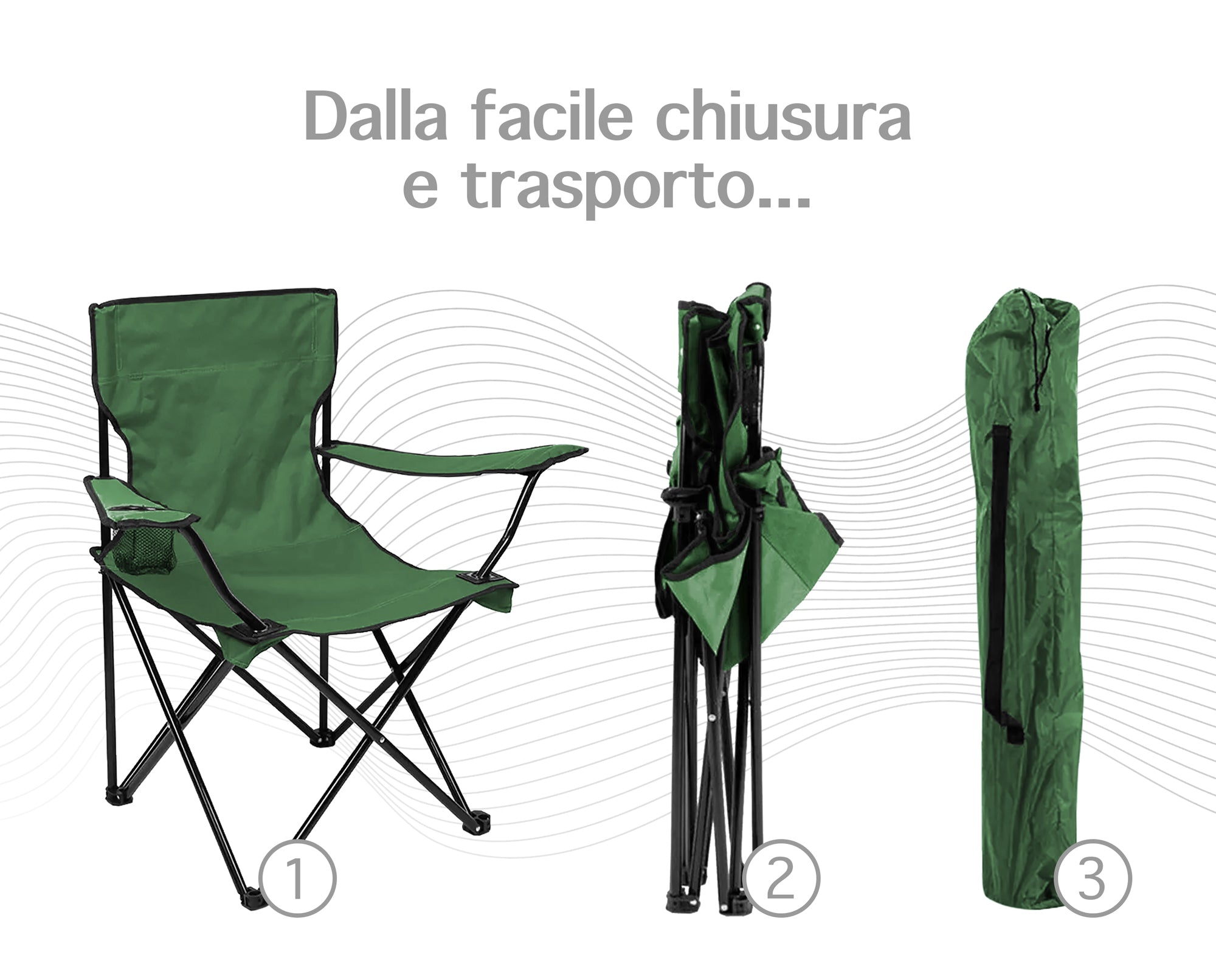 Sedia Camping Pieghevole Struttura In Acciaio Con Tasca PortaBevande Campeggio Sedie Portatile Pescatore SalvaSpazio - Verde