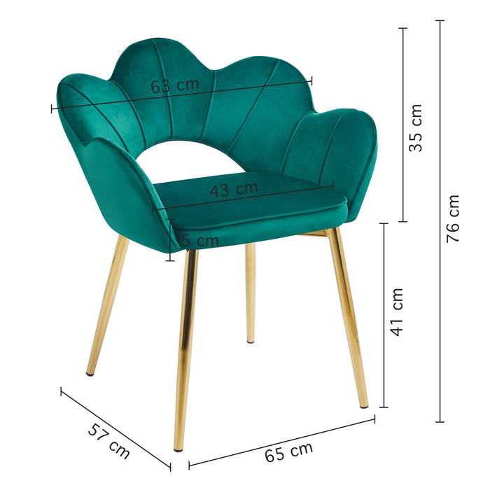 Poltrona Camera da Letto in Velluto Design Moderno, Sedia Conchiglia con Gambe in Metallo Placcato Oro Poltroncina da Salotto e Cucina con Seduta Morbida Imbottita Modello Fiorella - Petrolio