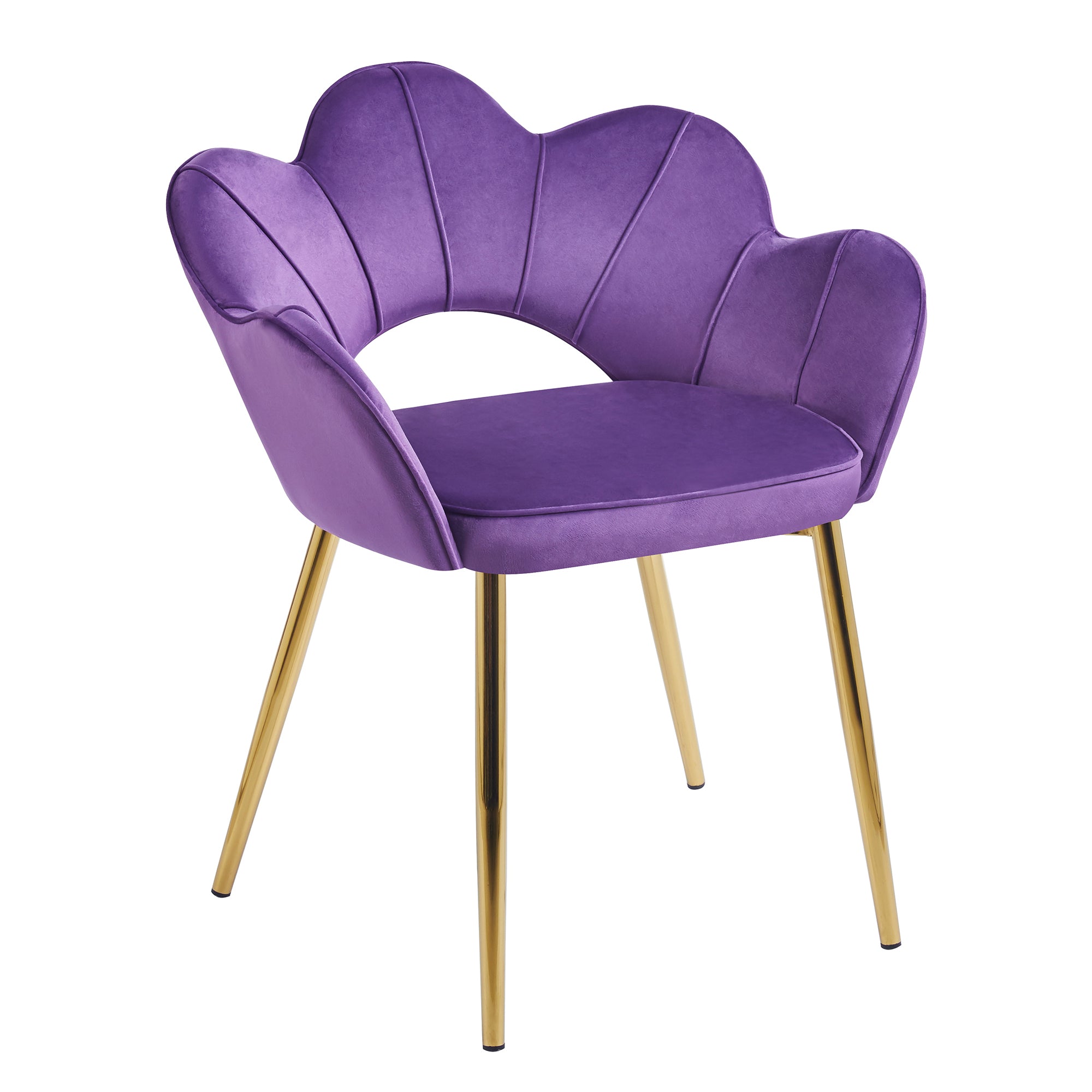 Poltrona Camera da Letto in Velluto Design Moderno, Sedia Conchiglia con Gambe in Metallo Placcato Oro Poltroncina da Salotto e Cucina con Seduta Morbida Imbottita Modello Fiorella - Viola