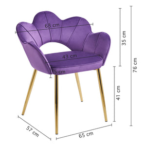 Poltrona Camera da Letto in Velluto Design Moderno, Sedia Conchiglia con Gambe in Metallo Placcato Oro Poltroncina da Salotto e Cucina con Seduta Morbida Imbottita Modello Fiorella - Viola