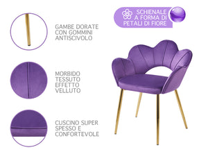 Poltrona Camera da Letto in Velluto Design Moderno, Sedia Conchiglia con Gambe in Metallo Placcato Oro Poltroncina da Salotto e Cucina con Seduta Morbida Imbottita Modello Fiorella - Viola