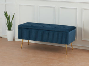 Panca Imbottita Divanetto In Velluto Contenitore Pouf Grande XXL PortaOggetti Panca Sgabello A Pie Di Letto Con Gambe In Metallo Dorato Cassapanca Ingresso Legno Massello Panchina - Blu