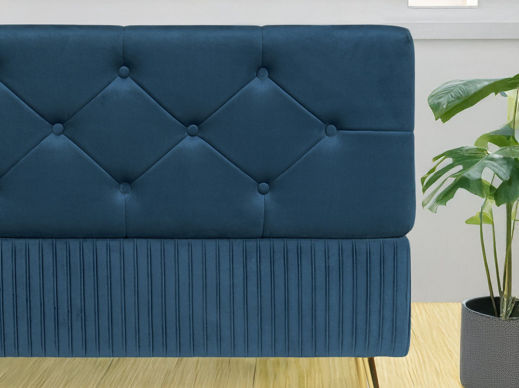 Panca Imbottita Divanetto In Velluto Contenitore Pouf Grande XXL PortaOggetti Panca Sgabello A Pie Di Letto Con Gambe In Metallo Dorato Cassapanca Ingresso Legno Massello Panchina - Blu