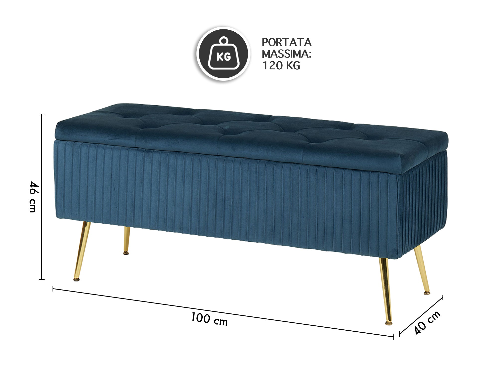 Panca Imbottita Divanetto In Velluto Contenitore Pouf Grande XXL PortaOggetti Panca Sgabello A Pie Di Letto Con Gambe In Metallo Dorato Cassapanca Ingresso Legno Massello Panchina - Blu