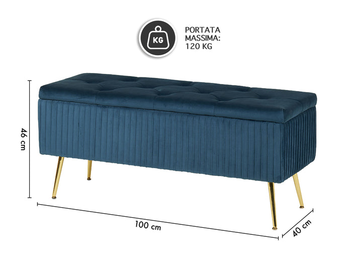 Panca Imbottita Divanetto In Velluto Contenitore Pouf Grande XXL PortaOggetti Panca Sgabello A Pie Di Letto Con Gambe In Metallo Dorato Cassapanca Ingresso Legno Massello Panchina - Blu