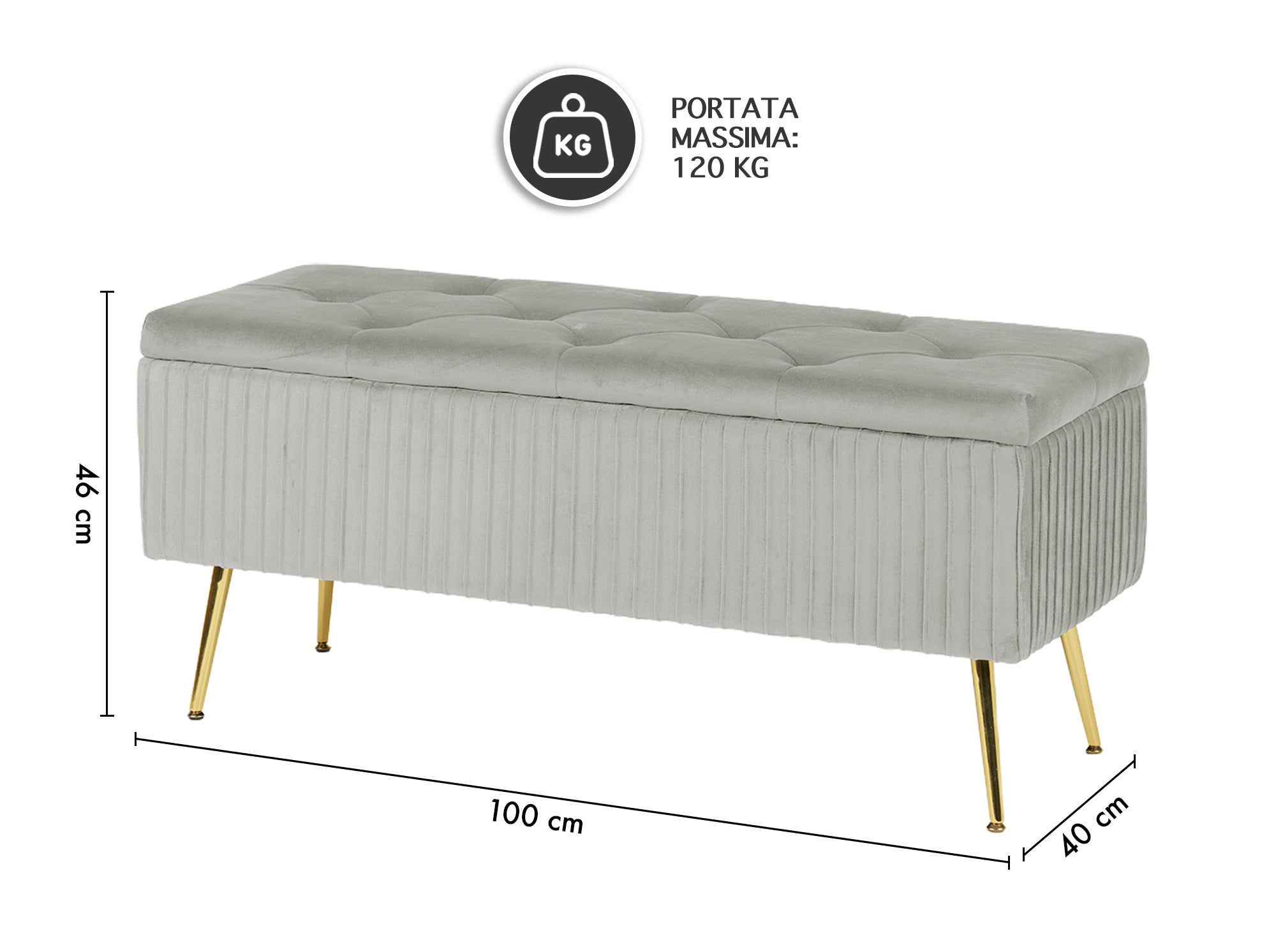 Panca Imbottita Divanetto In Velluto Contenitore Pouf Grande XXL PortaOggetti Panca Sgabello A Pie Di Letto Con Gambe In Metallo Dorato Cassapanca Ingresso Legno Massello Panchina - Grigio