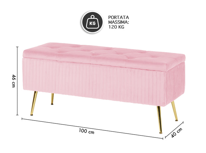 Panca Imbottita Divanetto In Velluto Contenitore Pouf Grande XXL PortaOggetti Panca Sgabello A Pie Di Letto Con Gambe In Metallo Dorato Cassapanca Ingresso Legno Massello Panchina - Rosa Cipria