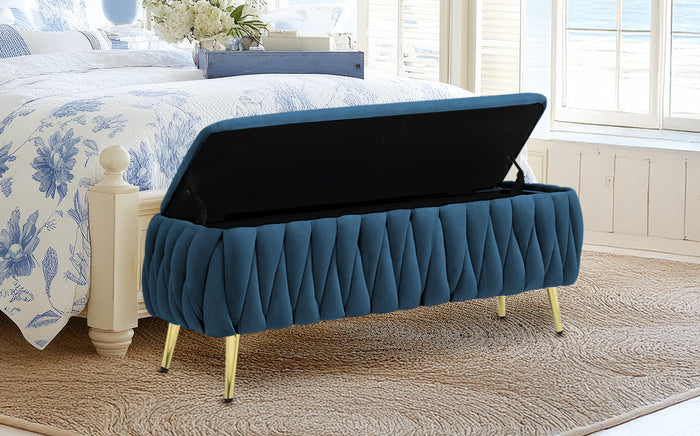 Panca Imbottita Divanetto In Velluto Contenitore Pouf Grande XXL PortaOggetti  Intrecciato Panca Sgabello A Pie Di Letto Con Gambe In Metallo Dorato Cassapanca Ingresso Legno Massello Panchina - Blu