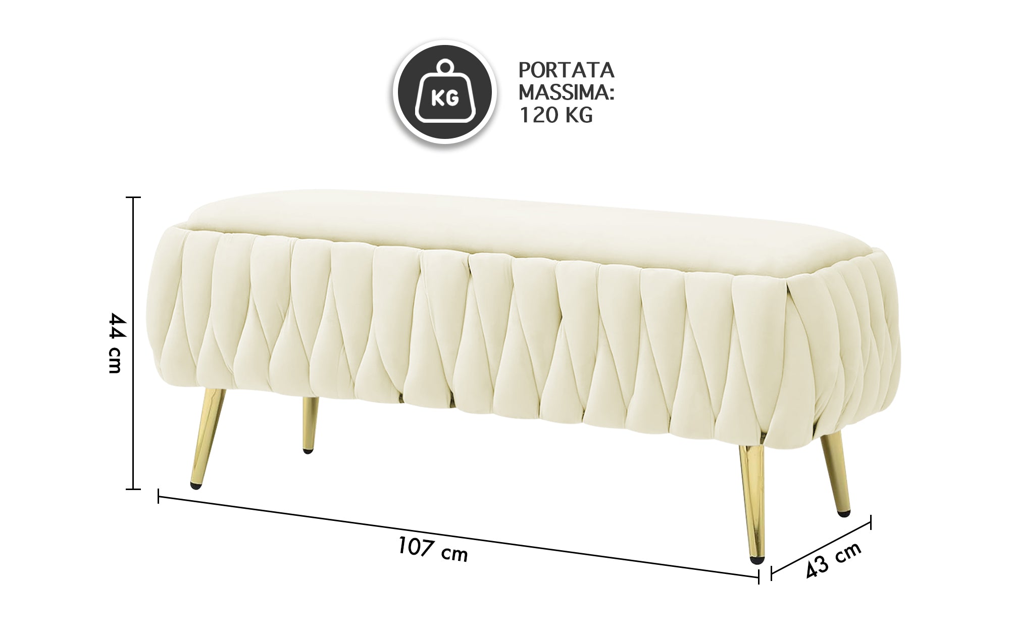 Panca Imbottita Divanetto In Velluto Contenitore Pouf Grande XXL PortaOggetti  Intrecciato Panca Sgabello A Pie Di Letto Con Gambe In Metallo Dorato Cassapanca Ingresso Legno Massello Panchina - Crema