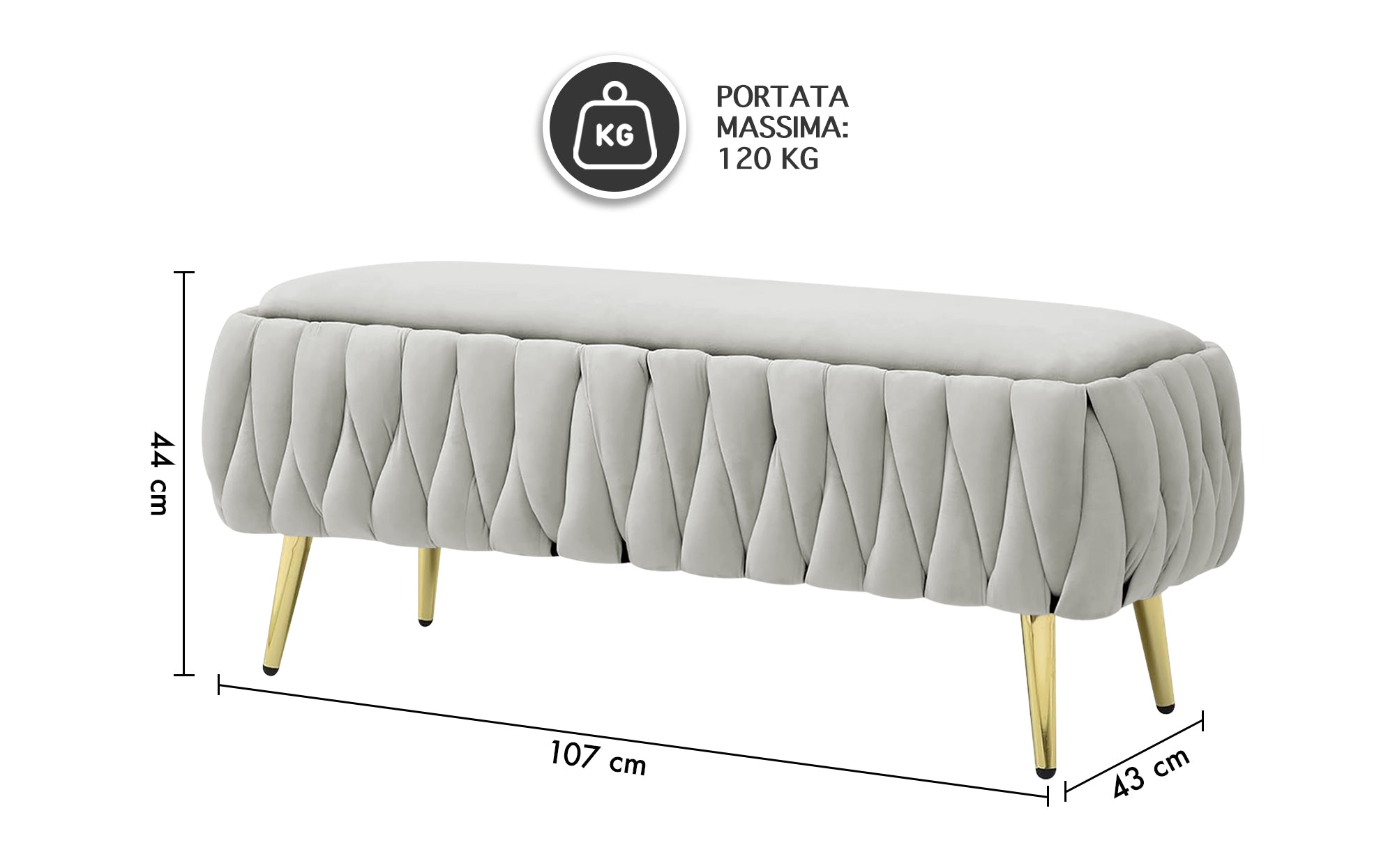 Panca Imbottita Divanetto In Velluto Contenitore Pouf Grande XXL PortaOggetti  Intrecciato Panca Sgabello A Pie Di Letto Con Gambe In Metallo Dorato Cassapanca Ingresso Legno Massello Panchina - Grigio