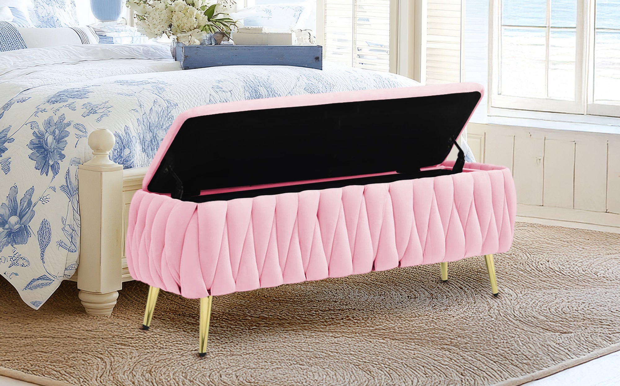 Panca Imbottita Divanetto In Velluto Contenitore Pouf Grande XXL PortaOggetti  Intrecciato Panca Sgabello A Pie Di Letto Con Gambe In Metallo Dorato Cassapanca Ingresso Legno Massello Panchina - Rosa Cipria