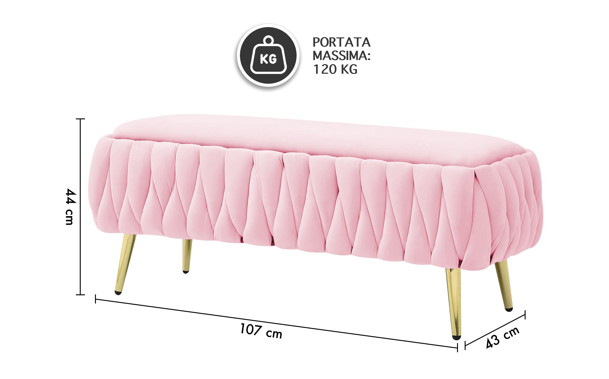 Panca Imbottita Divanetto In Velluto Contenitore Pouf Grande XXL PortaOggetti  Intrecciato Panca Sgabello A Pie Di Letto Con Gambe In Metallo Dorato Cassapanca Ingresso Legno Massello Panchina - Rosa Cipria