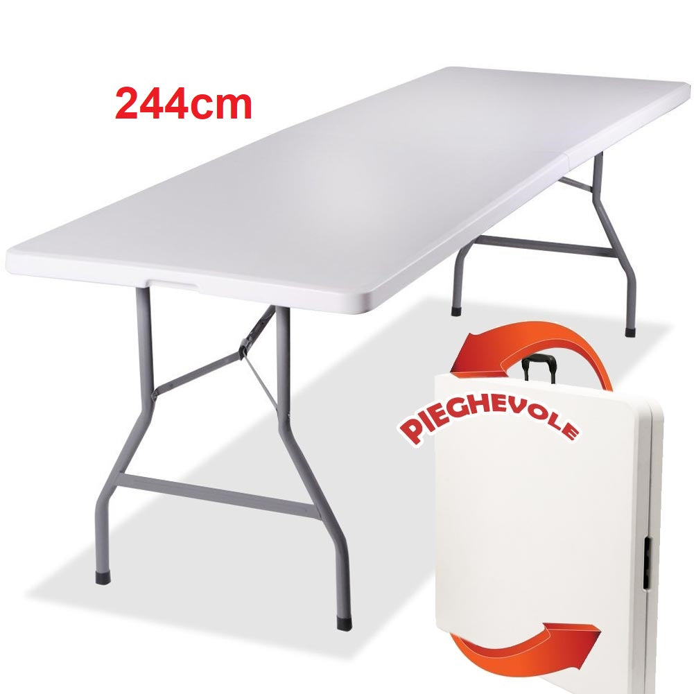 Tavolo Pieghevole in Resina HDPE 244x76 H74cm Richiudibile Salvaspazio Bianco