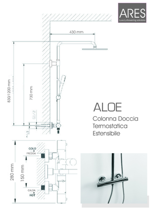 Colonna doccia termostatica e telescopica Ares Aloe con soffione tondo diametro 25 cm