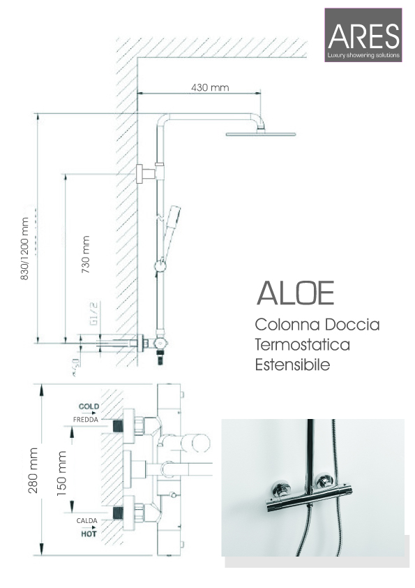 Colonna doccia termostatica e telescopica Ares Aloe con soffione tondo diametro 25 cm