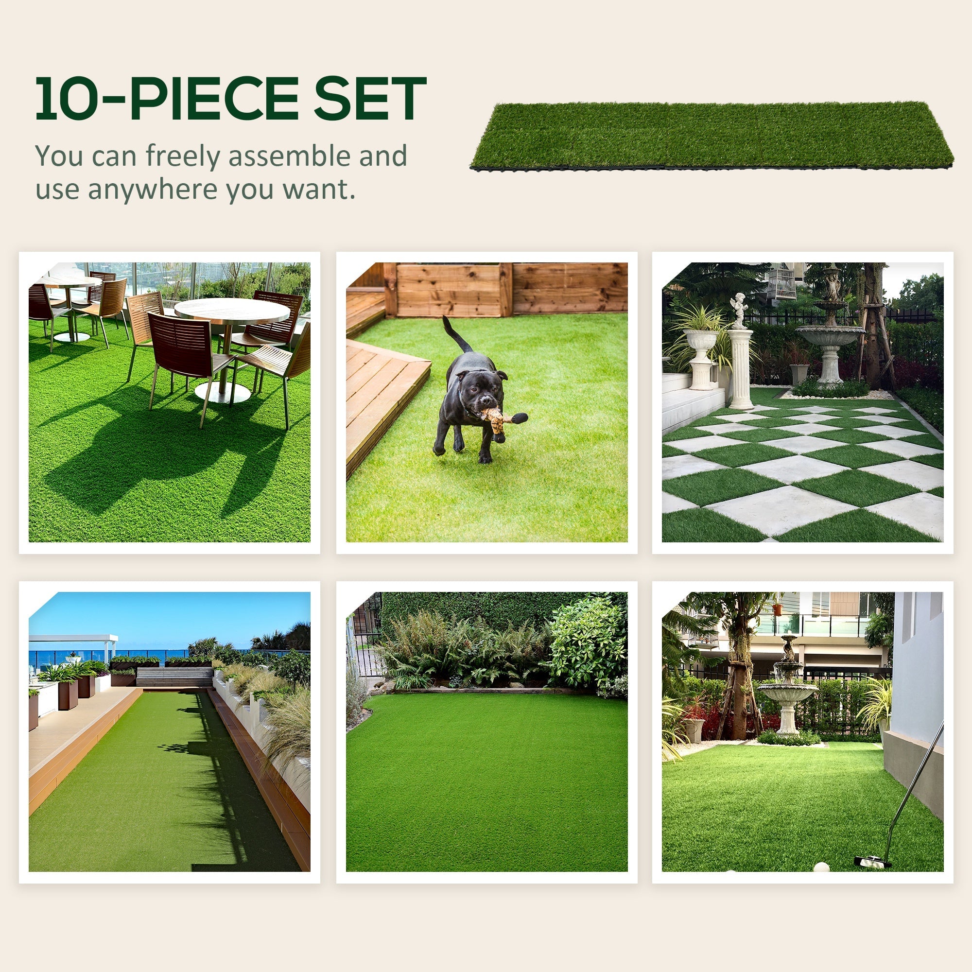 Set 10 Piastrelle Prato Artificiale per Giardino 30x30 cm Erba Sintetica Verde