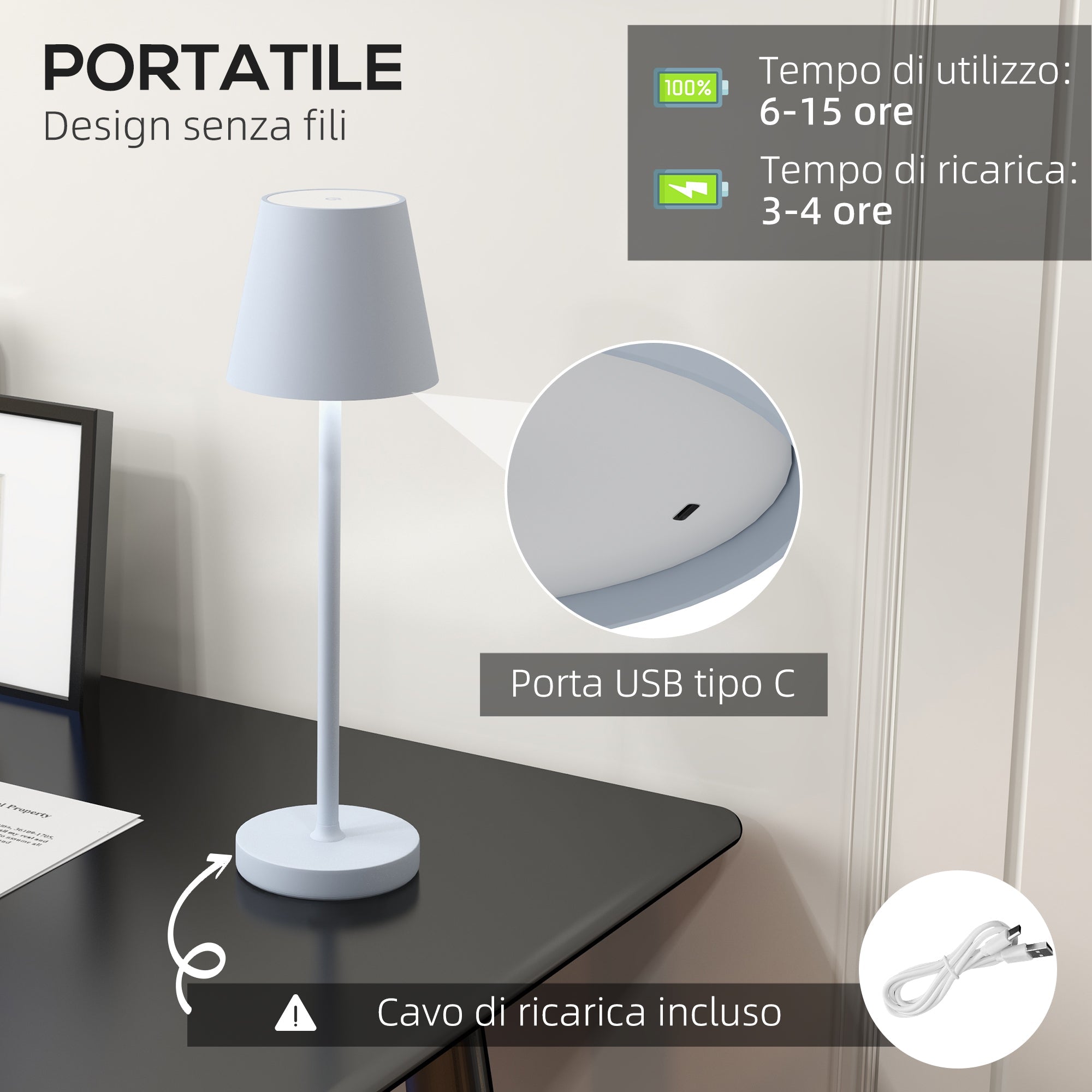 Lampada da Tavolo Portatile ⌀11,2x36,5 cm in Acrilico e Metallo Grigio