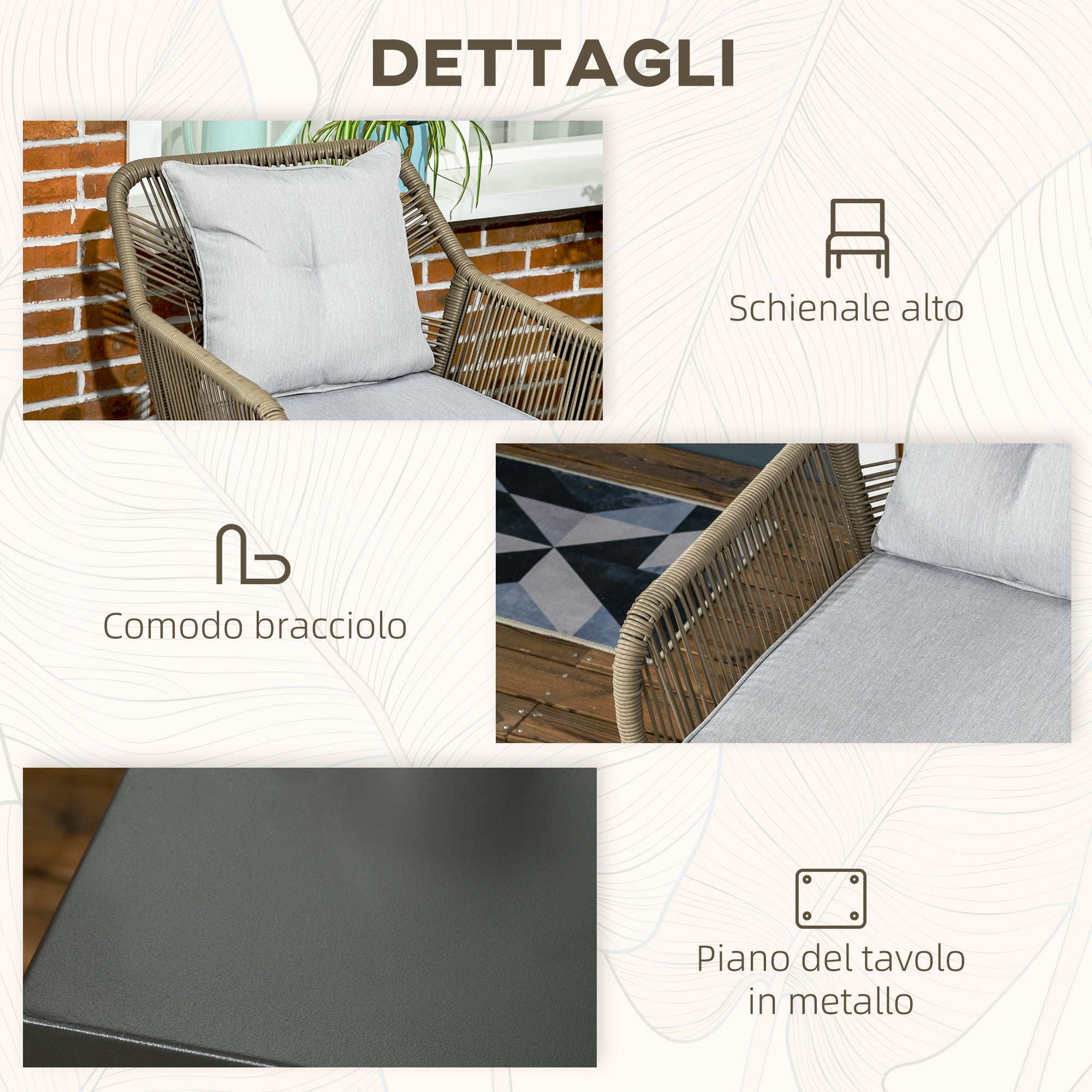 Set Tavolino e 2 Sedie da Giardino in Rattan PE e Acciaio Grigio