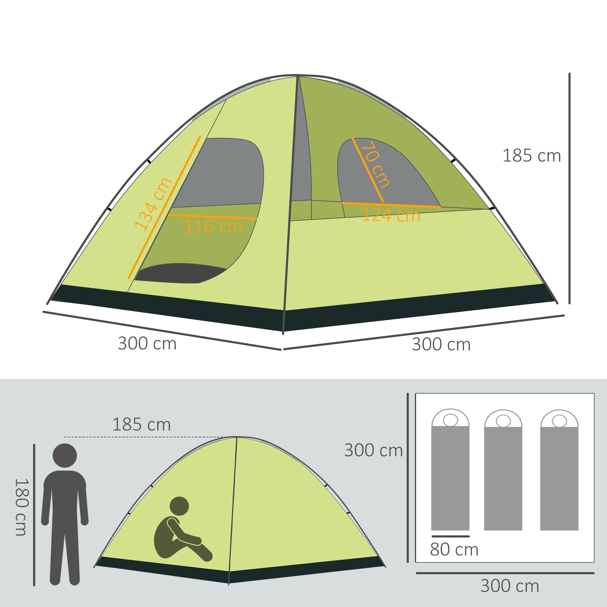 Tenda da Campeggio 3-4 Persone a Cupola 300x300x180cm Impermeabile e Anti UV Giallo e Grigio