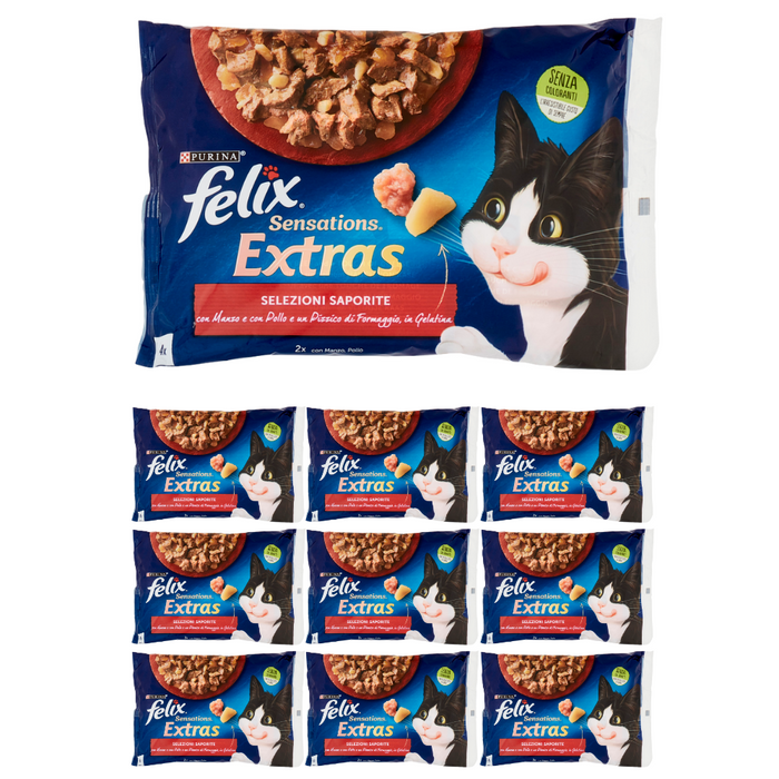 Purina felix sensations extras con manzo formaggio pollo & bacon 10 confezioni da 4 buste da 100 grammi