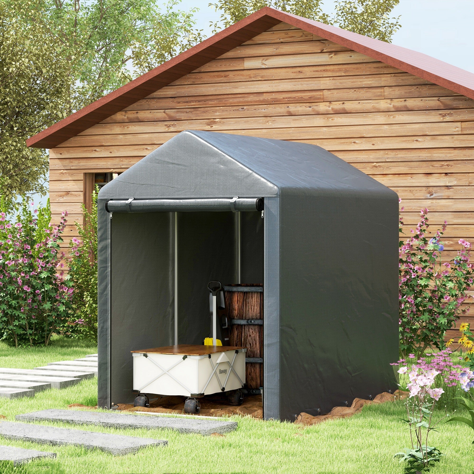 Capanno Box per Attrezzi da Giardino 120x179x165 cm Tenda in PE anti UV e Metallo Grigio scuro