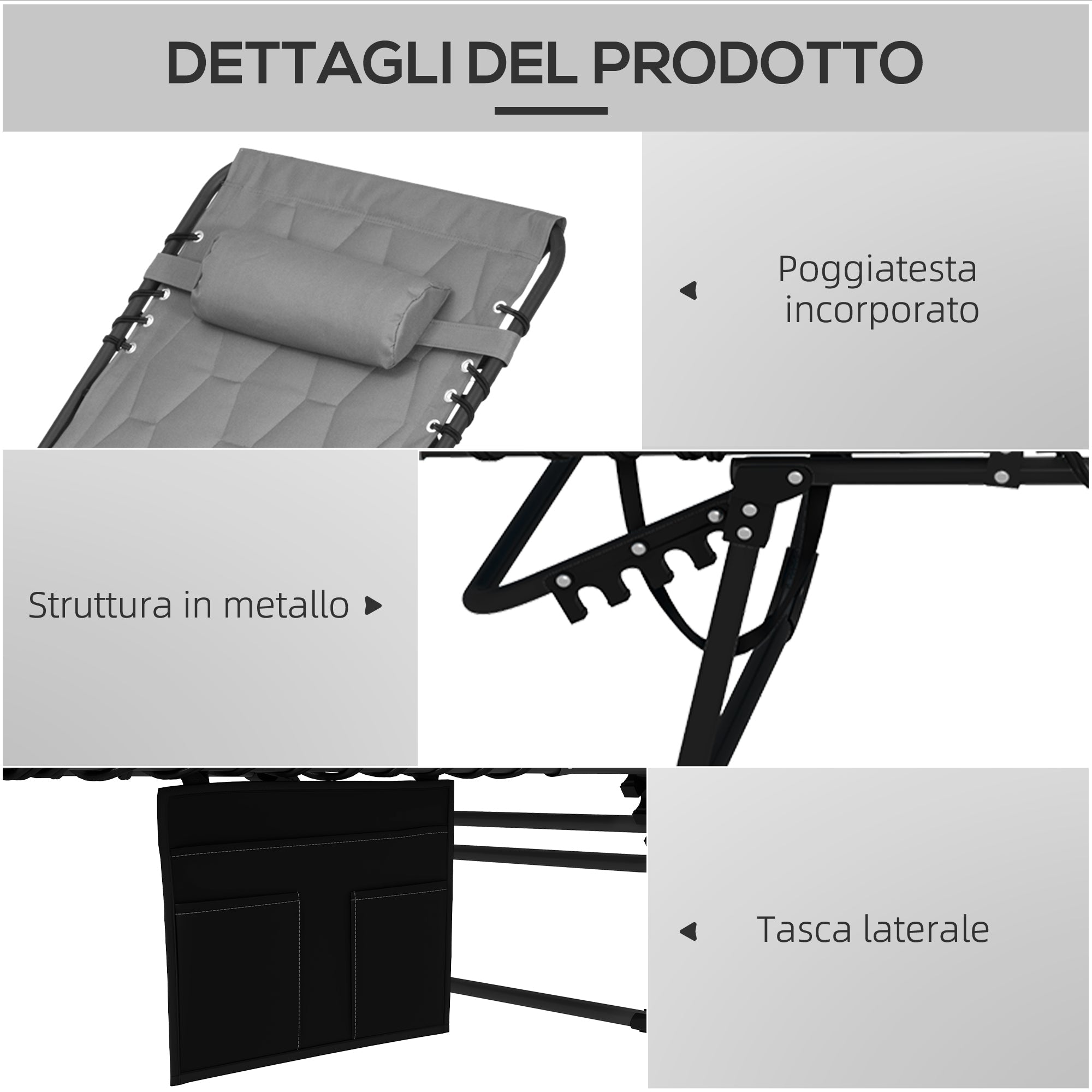 Set 2 Lettini Prendisole da Giardino 65x188x36 cm in Acciaio e Poliestere Grigio e Nero