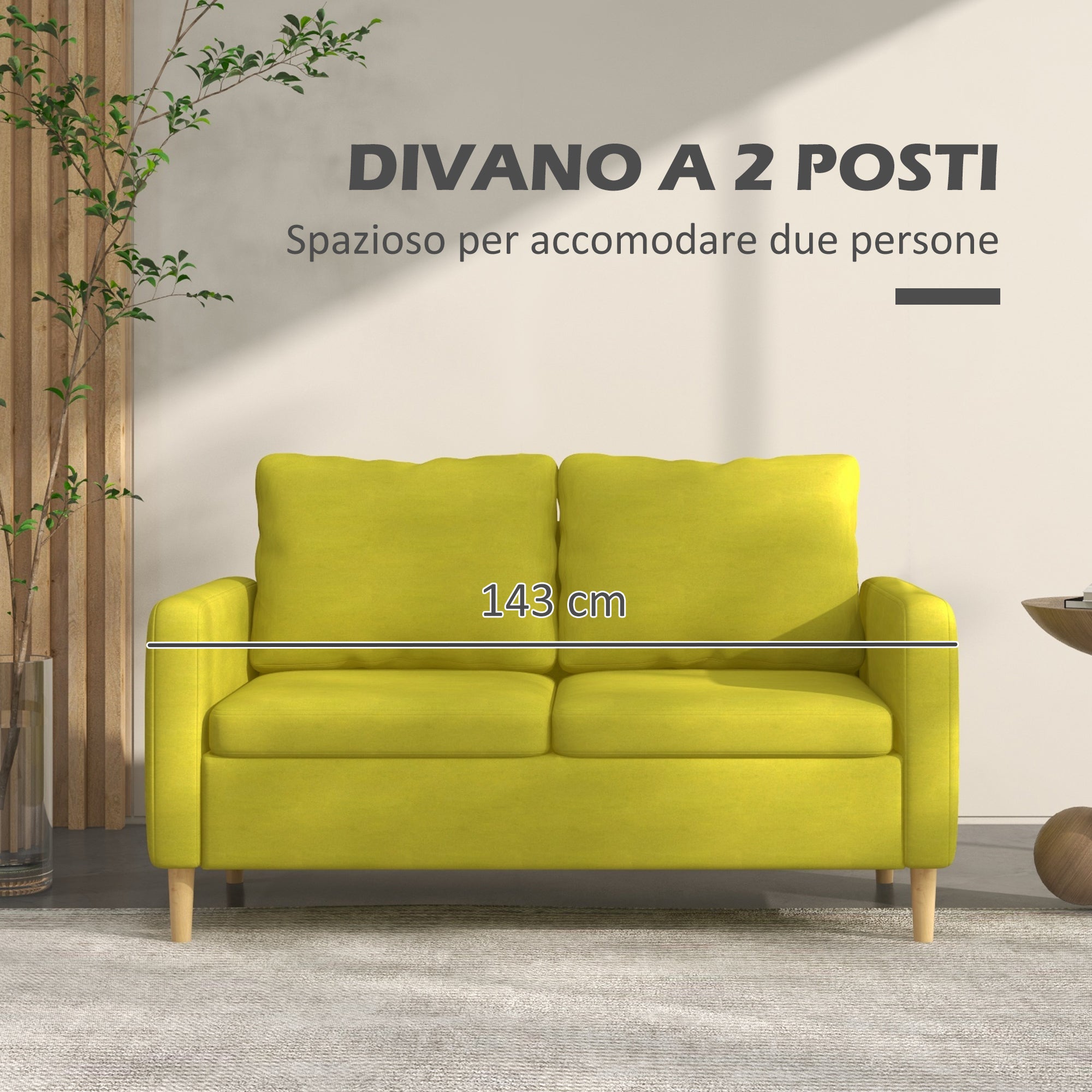 Divano 2 Posti 143x76x83 cm in Tessuto Effetto Lino Giallo