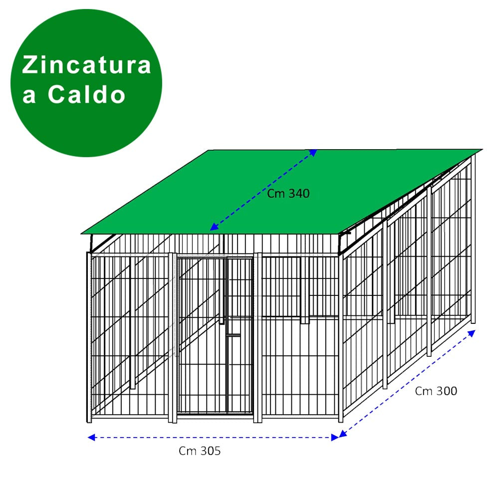 Recinto per cani da 3x3 metri in rete modulare con copertura zincatura a caldo