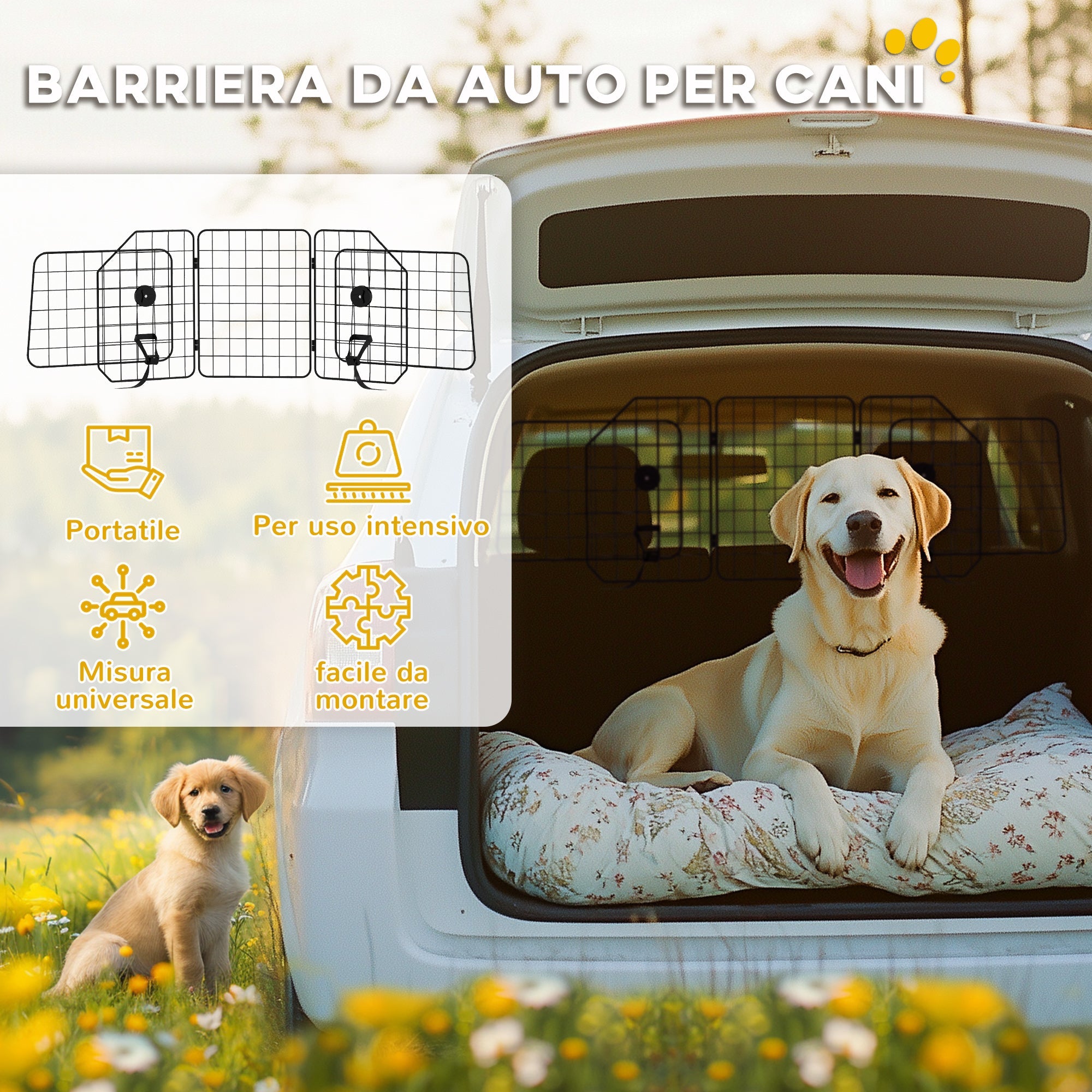 Griglia Divisoria Universale Regolabile e Pieghevole per Trasporto Cani in Auto 93-150x42cm Nero